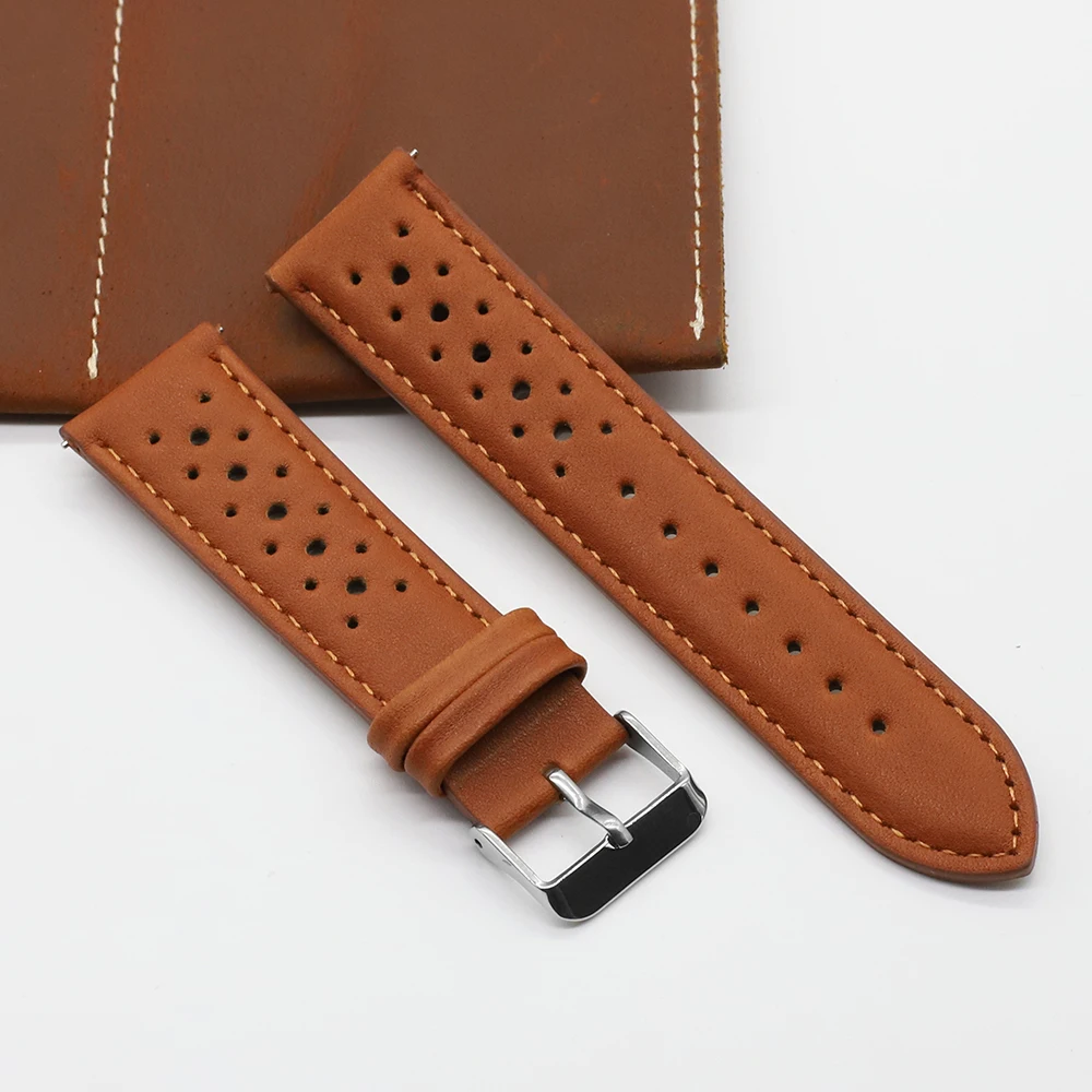 Vintage Handmade Racing Leather Watch Strap - Breathable Porous Design in Gray, Black, Brown, and Blue