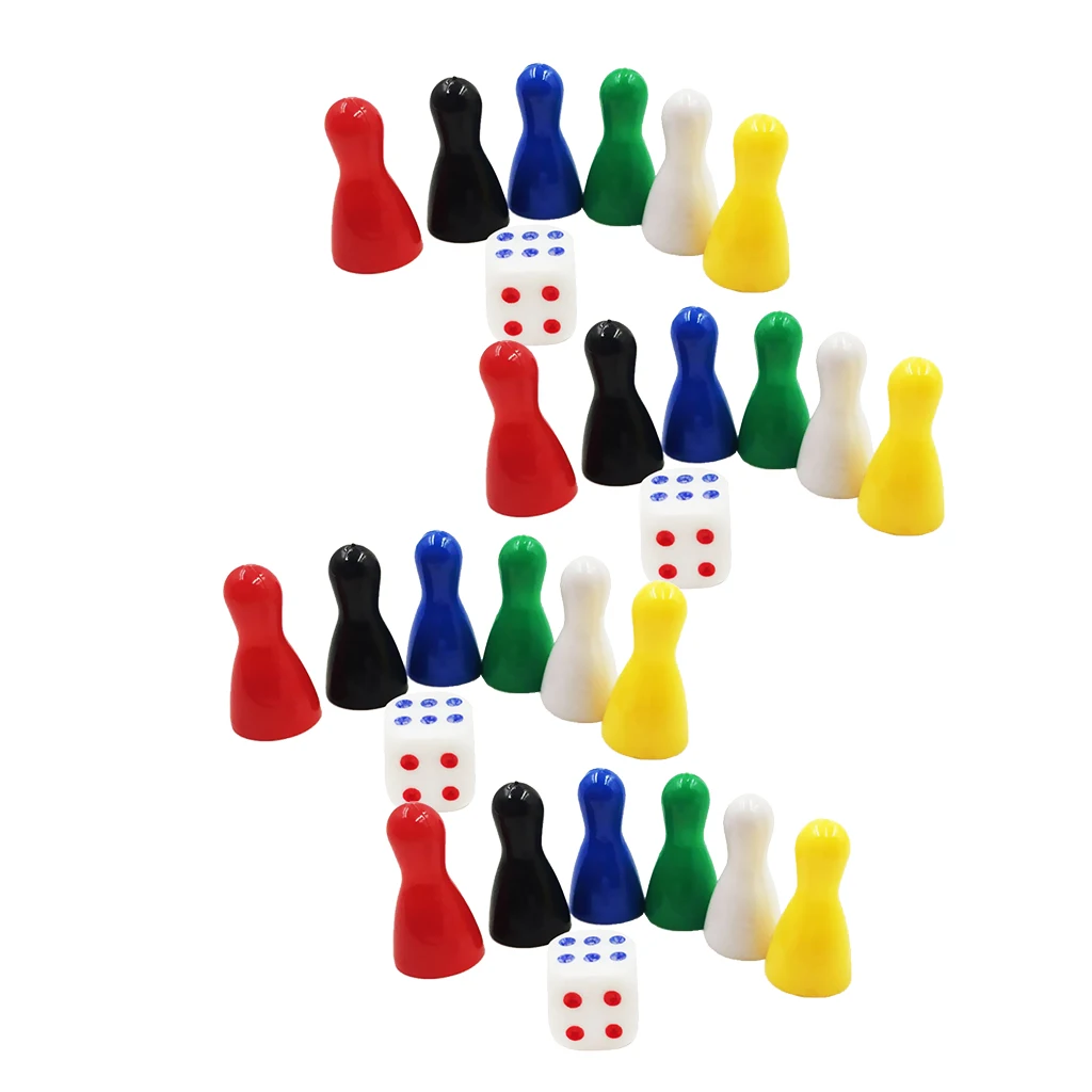24x Plastic Chess Pieces with 4x Dice, Replacement Chessmen Figure Figurine Pawns for Ludo, Strategy Board Games - Six Colors