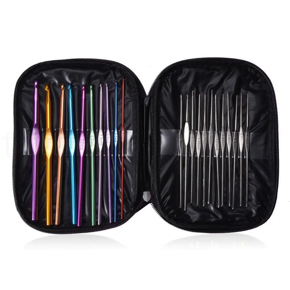

22 Pcs/Set Ergonomic Multi Colour Stainless Steel Crochet Hooks Yarn Knitting Needles 2-8mm Sewing Tools with Case Dropshipping