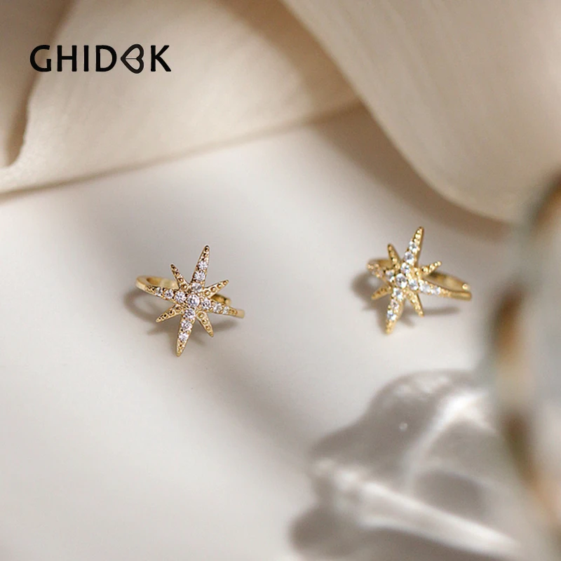 

GHIDBK Boho Gold Cubic Zirconia North Star Clip on Earrings Starburst Celestial Huggie Earcuffs Dainty Bridal Cartilage Earring