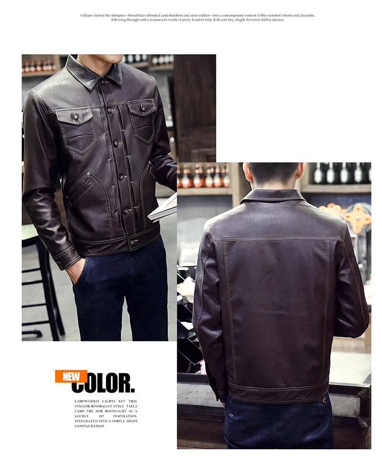 Men Trend Leather Coat Fold-down Collar Youth Autumn& Winter Leather Jacket Multi-pockets Slim Fit PU Leather Hair