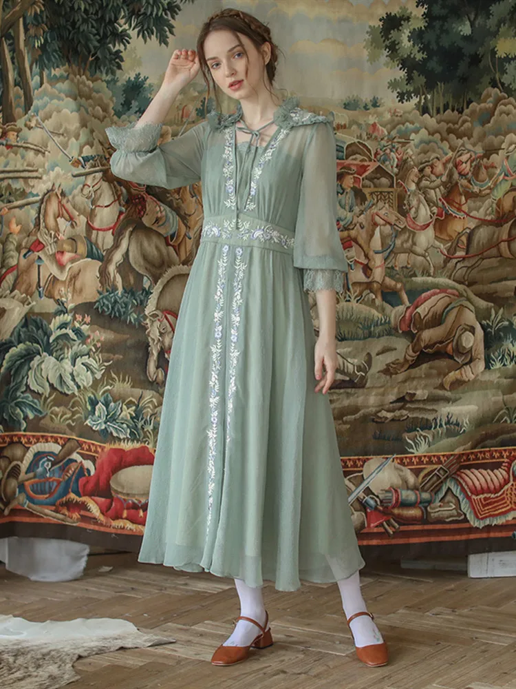 Женское винтажное платье с вышивкой повседневное длинное приталенное зеленое в
