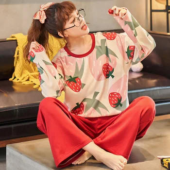 

Young Lady 2PCS Autumn New Top&Pant Sleepwear Cute Strawberry Print Pajama Suit Loose Nightwear Cotton O-Neck Home Wear