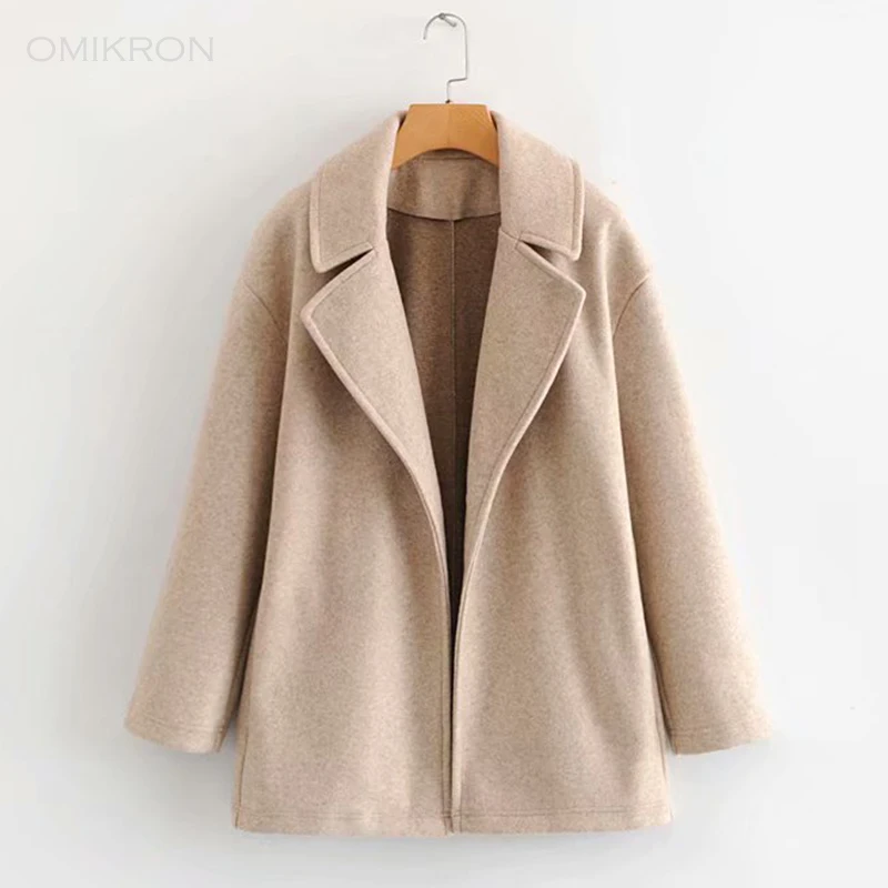 OMIKRON/новое пальто из смесовой шерсти с открытым стежком, женская верхняя одежда с длинными рукавами и отложным воротником, Повседневная осенне-зимняя элегантная верхняя одежда