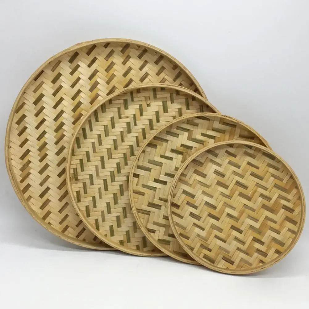No Holes Durable Handmade Round Bamboo Weaving Sieve Snack Food Bread Picnic Vegetable  Tea Dishes Basket Storage Organizer 4