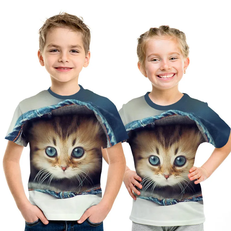 picture color Вечерние топы для маленьких девочек с рисунком кота, летние футболки с короткими рукавами для мальчиков и девочек, Повседневная футболка, одежда для малышей 3, 4, 5, 6, 7, 8 лет - Цвет: picture color