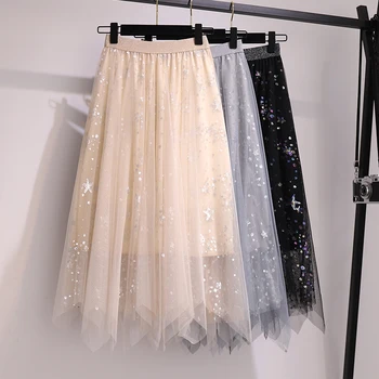 

COIGARSAM 4XL Plus Size Women Skirt Spring Summer Sequins High Waist Mesh Skirts Gray Black Apricot 8809