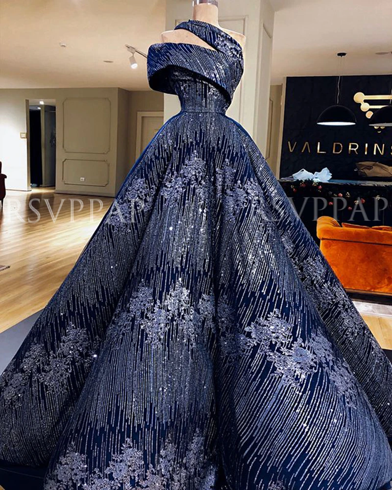 

Long Glitter Evening Dress 2019 One Shoulder Puffy Arabic Navy Blue Dubai Women Party Formal Gowns