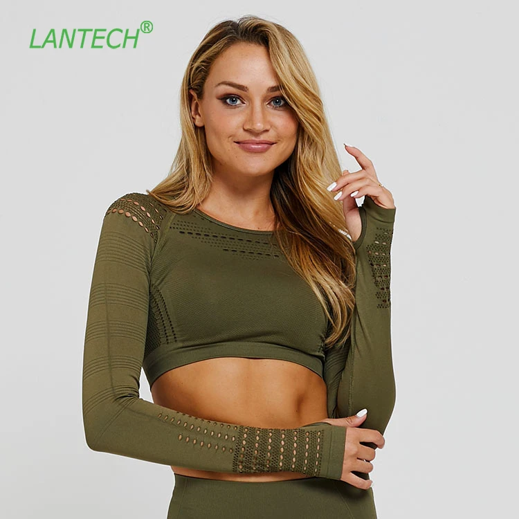 

LANTECH Women Yoga Gym Shirts Seamless Crop Tops Fitness Clothing Compression Tights Sports Running Workout Ombre Sportswear