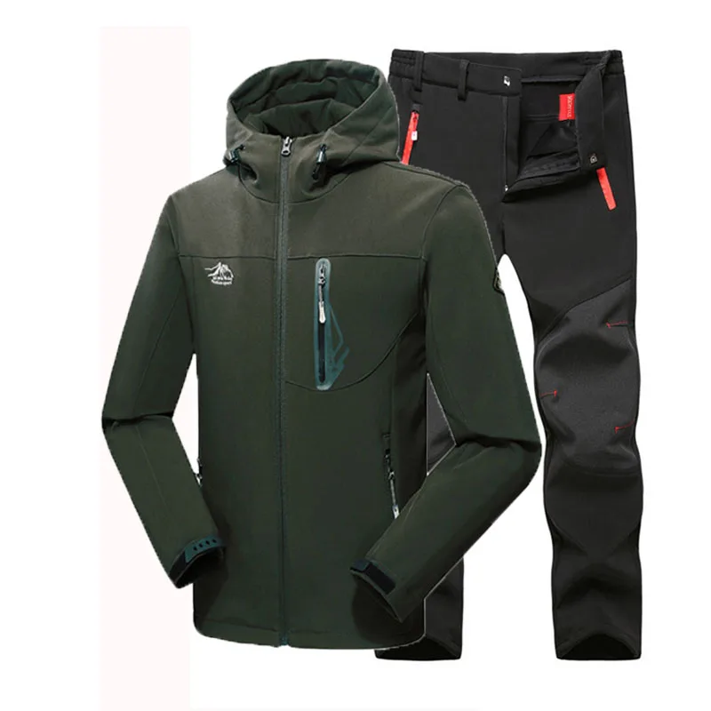Green Black Suit Мужская зимняя водонепроницаемая для рыбалки, катания на лыжах, Походов, Кемпинга, мужчин, теплая флисовая наружная куртка, костюм, брюки, 5XL, плюс размер - Цвет: Green Black Suit
