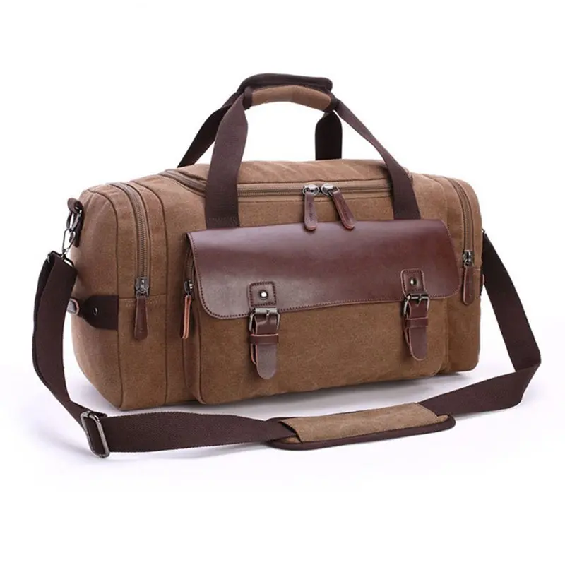 

NEW-Canvas Leather Travel Bag Men Tote Bag Carry-On Shoulder Handbag Luggage(Coffee)