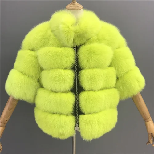 Lemon green Настоящая шуба женская теплая стильная куртка из натурального Лисьего меха воротник-стойка с коротким рукавом кожаная куртка неоновая шуба из натурального Лисьего меха - Цвет: Lemon green