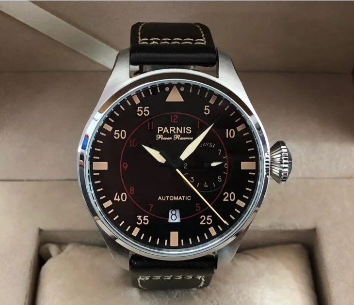 

47mm PARNIS pilot black dial Automatic Self-Wind Mechanical movement power reserve Auto Date luminous Mechanical watches 2-5