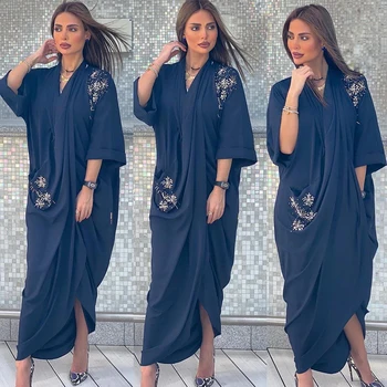 Beaded Kaftan Open Abaya Kimono Cardigan Dubai Turkey Robe Islam Dress with Pockets American Modesty