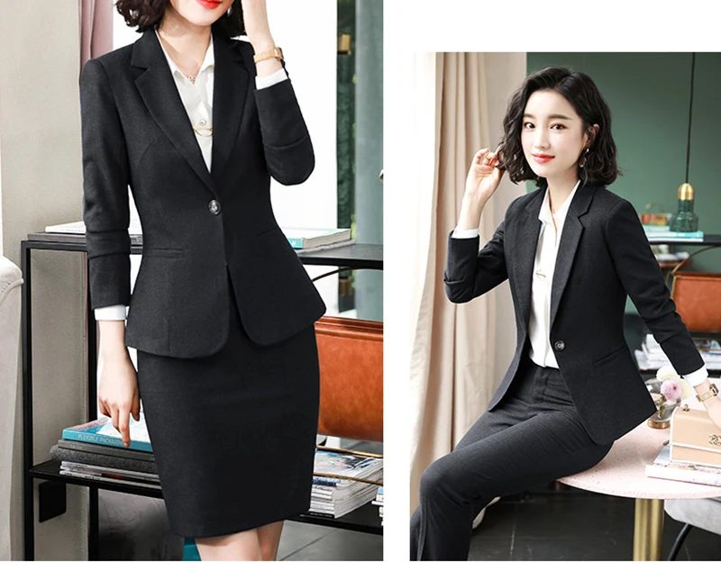 Genayooa Elegant Women's Suit With Skirt Slim Fit Women Skirt Suit Sets Long Sleeve Two Piece Set Plus Size Office Lady Blazer