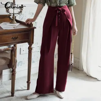 

Celmia Casual Vintage Womens Solid Long Pants Wide Leg High Waist Plus Size Trousers Solid Commuting Palazzo Pantalon Femme 5XL