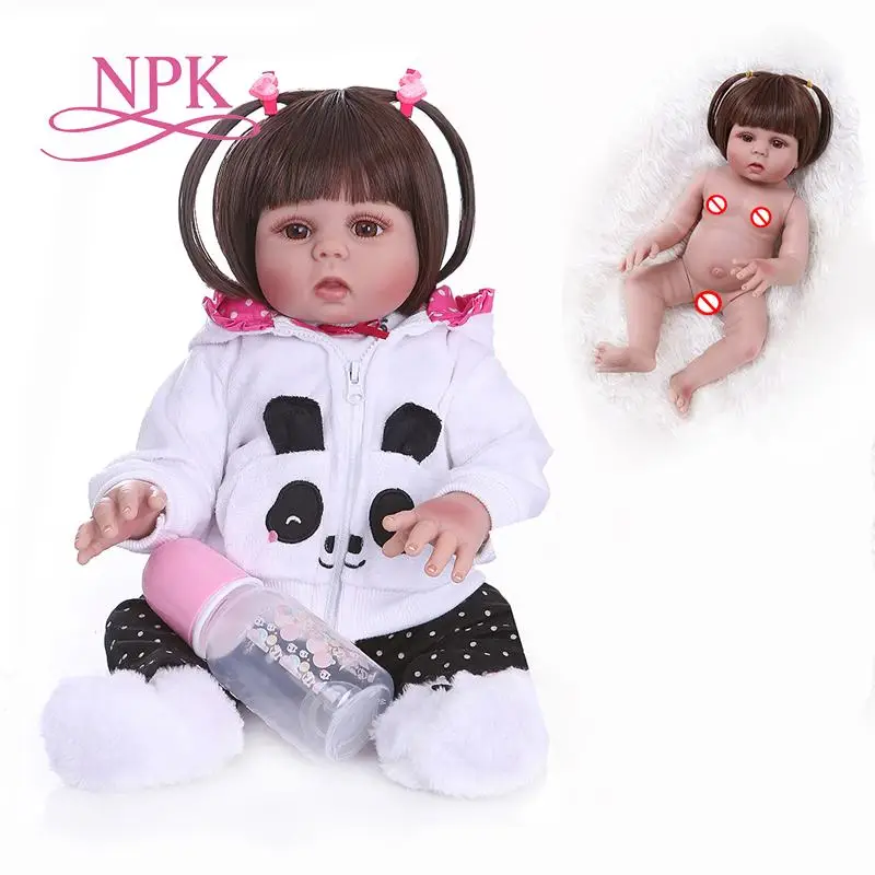 

NPK 48CM baby doll reborn toddler doll girl in panda dress full body soft silicone realistic baby bath toy Anatomically Correct