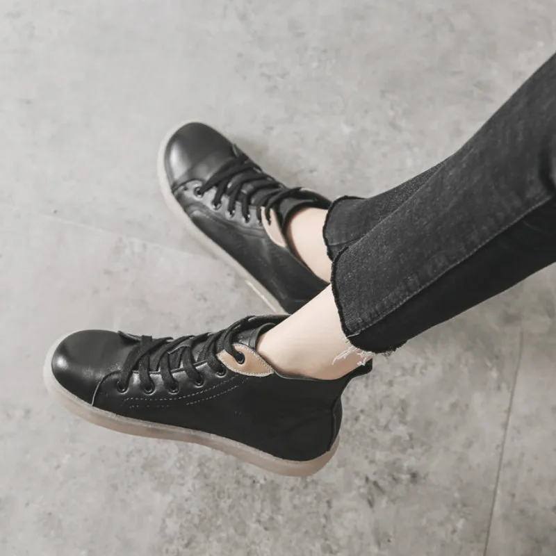 

Women Ankle Boots Black Genuine Leather Flat Heels Shoes Autumn Casual White Boots Women Handmade Leather Soft Bottom Sneak Boot