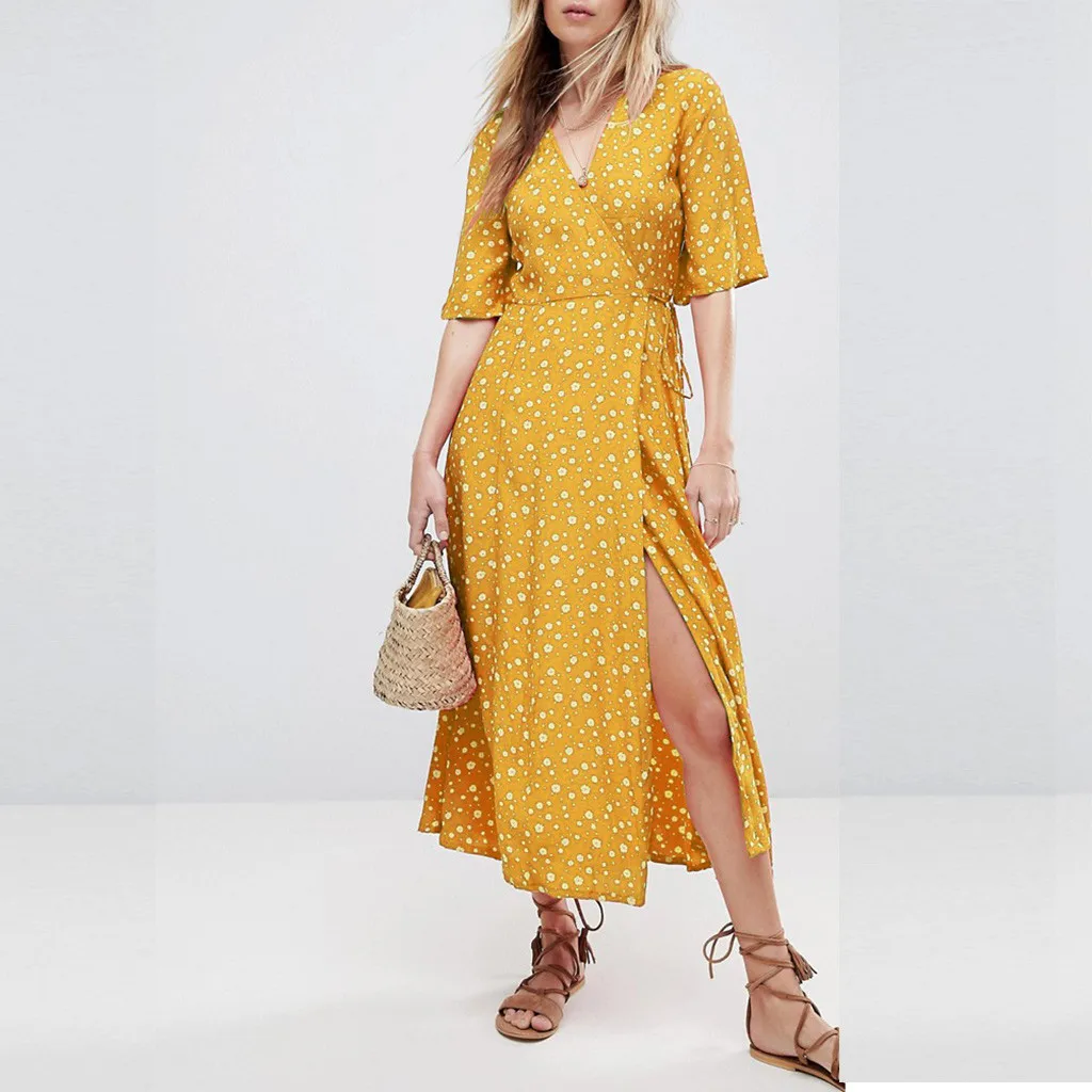 Элегантное платье в горошек, boho, женское летнее платье миди, сексуальное, v-образный вырез, на бретелях, на пуговицах, ТРАПЕЦИЕВИДНОЕ ПЛАТЬЕ, женское пляжное платье с принтом, vestidos robe