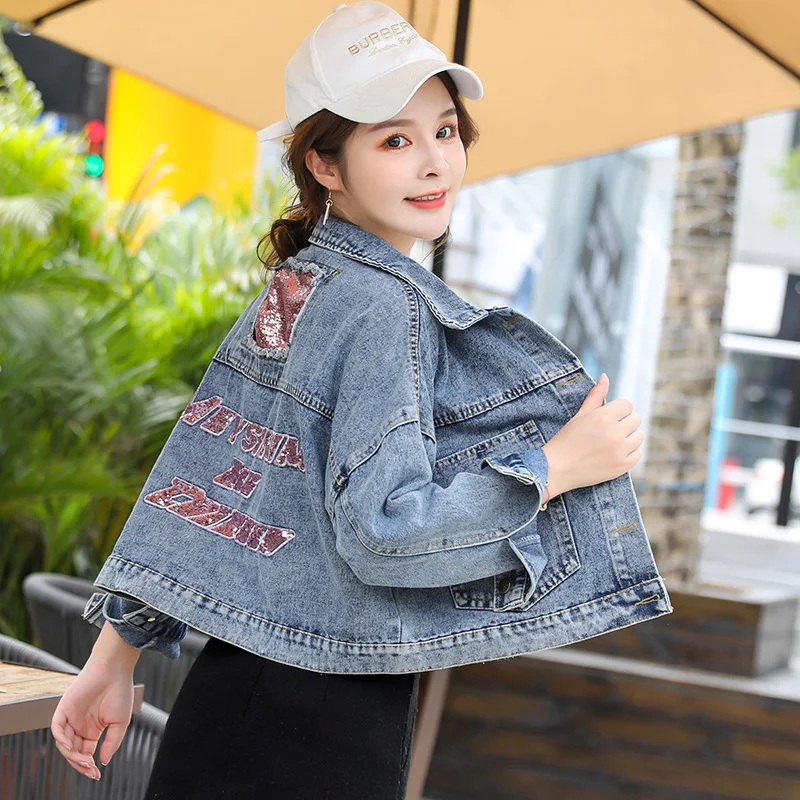 

2019 New Style Loose Cowboy Short Jacket Women's Korean-style Sequin with Holes Jacket Workwear Short Denim Top