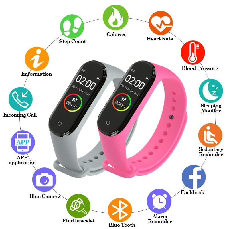 

Color LED Men's And Women's Waterproof Smart Color Screen M4 Watch Heart Rate Monitor Monitoring Health Tracker Sports Bracelet