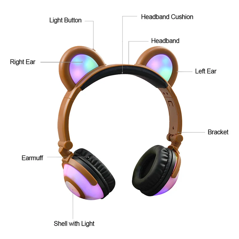 Детские bluetooth-наушники с медвежьими ушками, складной светодиодный фонарь, мигающий беспроводной наушник с кошачьими ушками