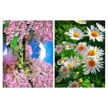 

2 Set Diamond Painting Embroidery Picture Rhinestone Home Decor Gift, Flower and Mountain & Daisy