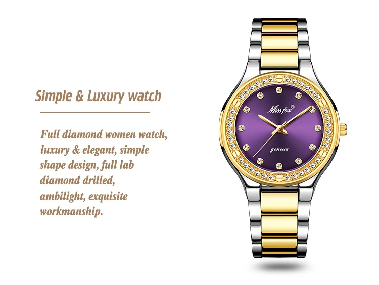 MISSFOX женские часы брендовые роскошные часы женские бриллиантовые Модные фиолетовые Geneva 18 К Золотые женские часы женские кварцевые часы