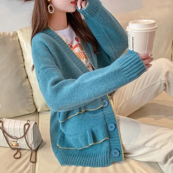 

Casual Winter Sweater V Neck Loose Cardigan Feminino Ruffles Fall Oversized Knitwear