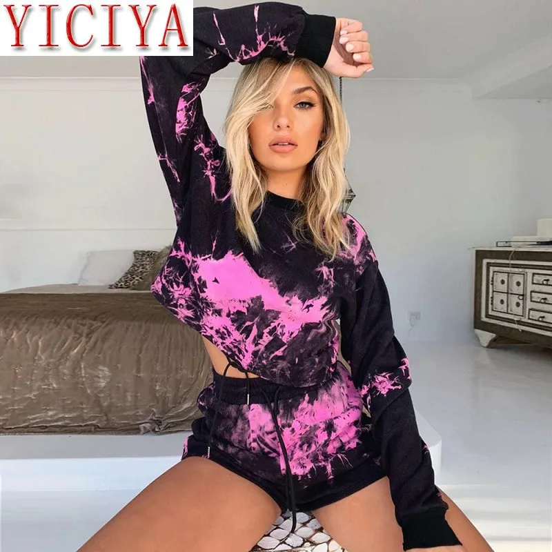 

pink tie-dye 2 two pieces casual sportswearmatching set women two piece set top short size and short pants Festival clothing