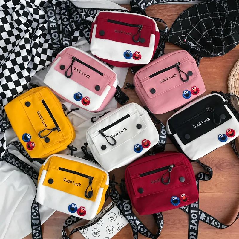 

Sesame Street Canvas Square Sling Bag Women's New Style Korean-style Contrast Color Oblique Bag Students Versatile Harajuku Shou