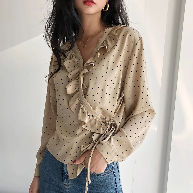 

2019 Spring V-neck Ruffles Polka Dot Women's Shirt Feminine Lace Up Blouse Top Long Sleeve Casual Women Loose Blouses Blusas