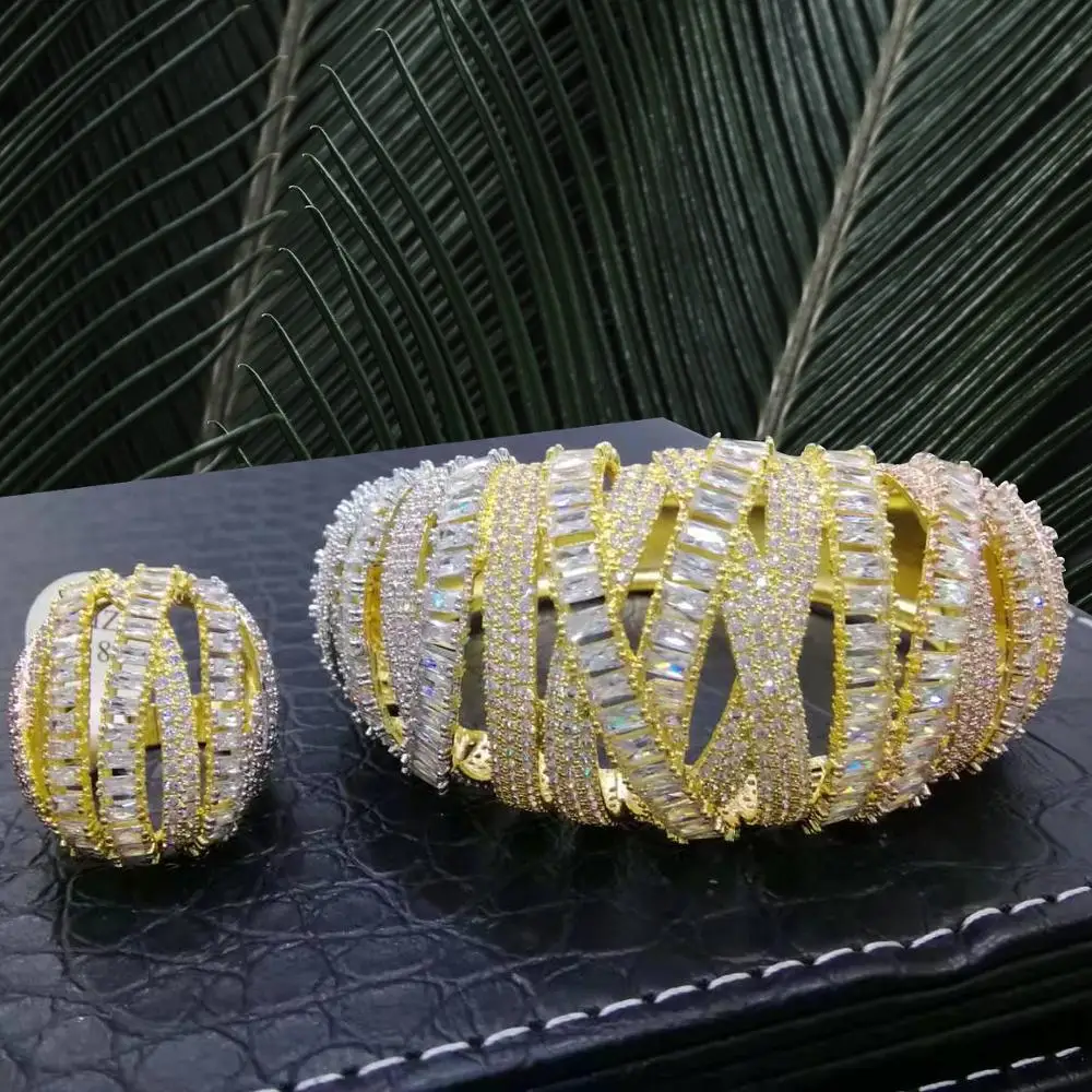 3 Tone GODKI luxury Stackable Dubai Gold Bangle Cuff Ring Sets For Women Wedding Cubic Zircon Crystal CZ Dubai Bridal Jewelry Sets - Окраска металла: 3 Tone