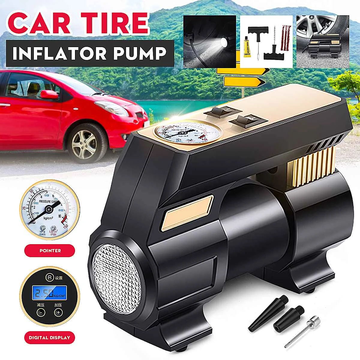 

12V 120W Digital Car Tire Inflator Auto Compressor Tyre Pump Air Compressor Heavy Duty Double Cylinder Car SUV Tires Portable