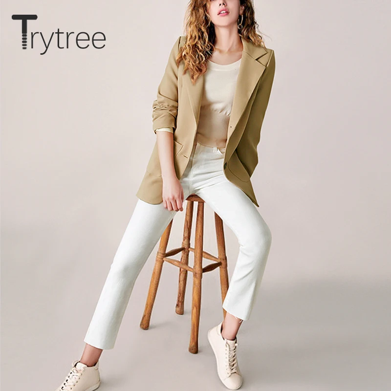 Trytree Осень Зима Женское повседневное пальто модное отложной воротник однобортное с карманами одноцветное 3 цвета Свободное офисное Женское пальто