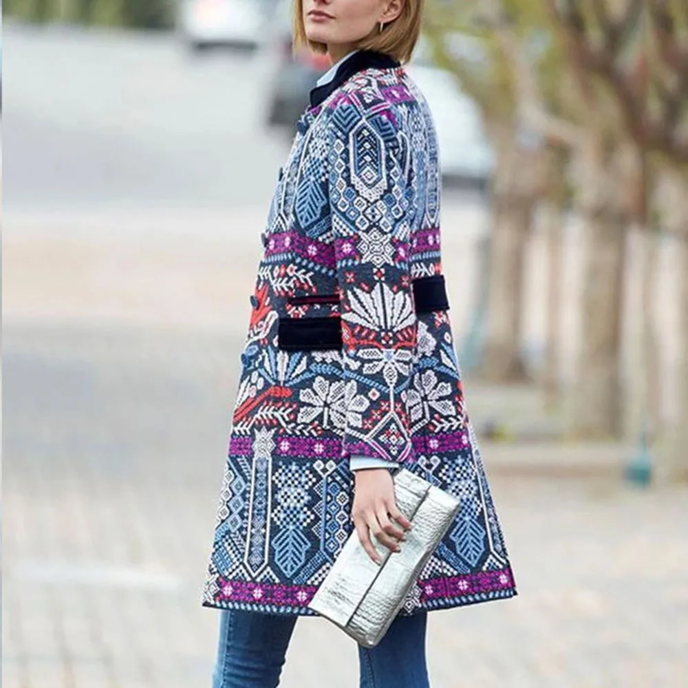 

Fashion Wool Blends Women European Ethnic Geometric Printed Plus Size Long Overcoat 3XL Long Sleeve Office OL Autumn Winter Coat