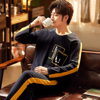 

Autumn Men's Pajamas Sets 100% Cotton PJS Long Sleeve Pure Satin Male Sleepwear Winter Warm O-Neck Silk Lounge Nightwear