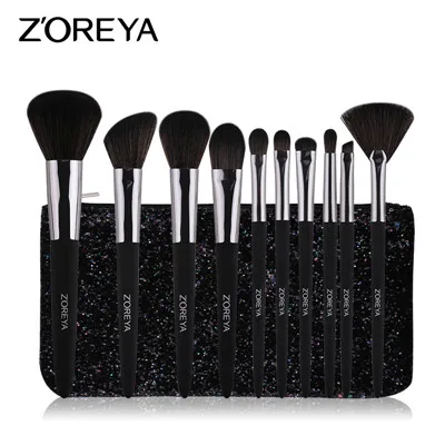 brush with bag Набор кистей для макияжа ZOREYA, 10 шт., кисти для макияжа, Контурирование пудрой, основа тени для век, кисть для смешивания бровей с вентилятором, резина, окрашенная - Handle Color: brush with bag