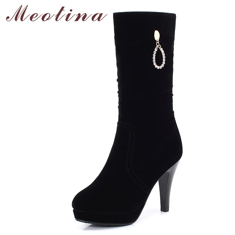 

Meotina Winter Mid Calf Boots Women Crystal Platform Stiletto Heels Boots Slip on Super High Heel Shoes Ladies Autumn Size 34-39