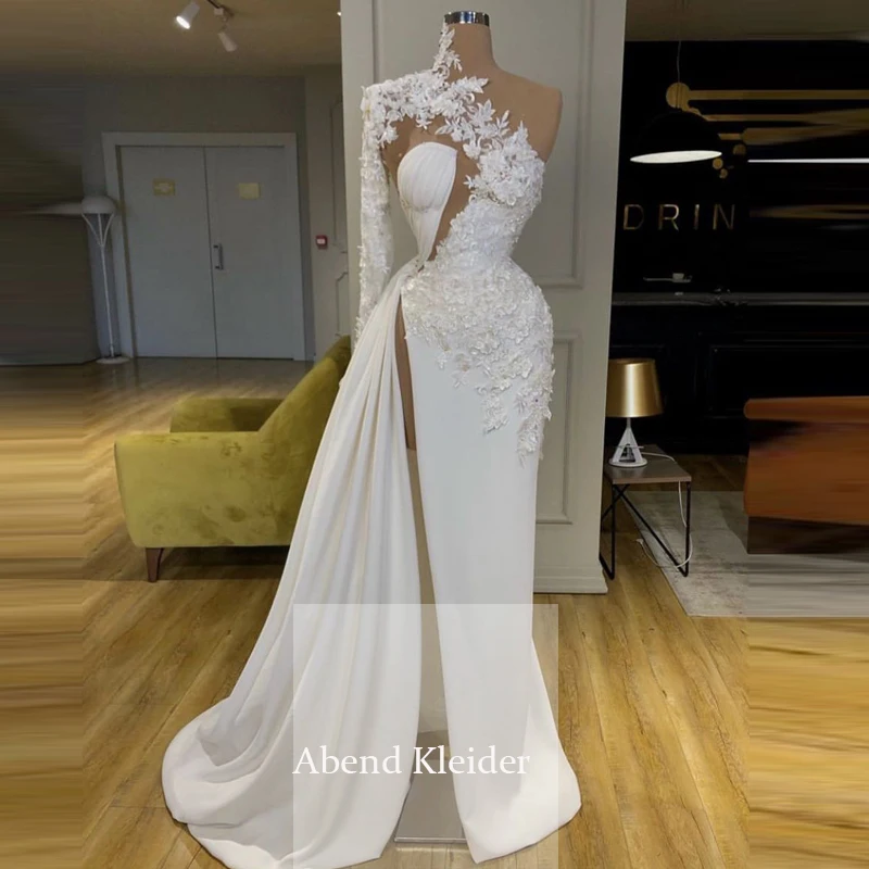 

Long Sleeves One Shoulder White Mermaid Evening Dress 2020 with Split Party Gown 2020 Vestido Noche Largo