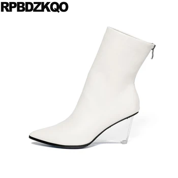 

boots ankle wedge luxury brand shoes women pointy beige fur big size pointed toe genuine leather high quality fall heel autumn