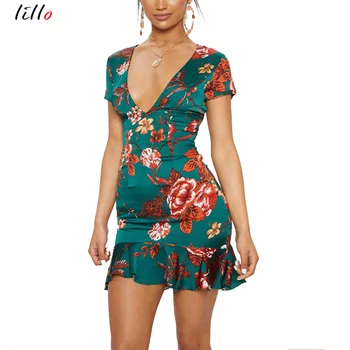 

Women's High Street Halter Ruffled Eyelet Strap Fishtail Dress Short Sleeve Deep V Print Dress Fashion Sexy Nightclub Party Dres