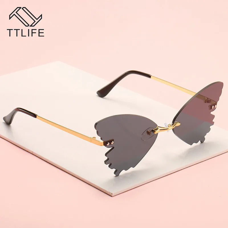 

TTLIFE 2020 Butterfly Rimless Sunglasses Women Fashion Shades UV400 Vintage Metal Glasses Luxury oculos