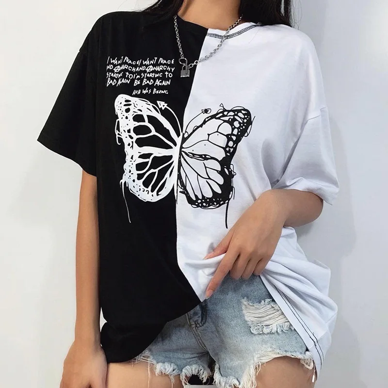 T-shirts Casual Tshirt O Neck Rock Steet Top Print Contrast Color Cool Outdoor Harajuku Women 2020 Summer Lady Butterfly Print