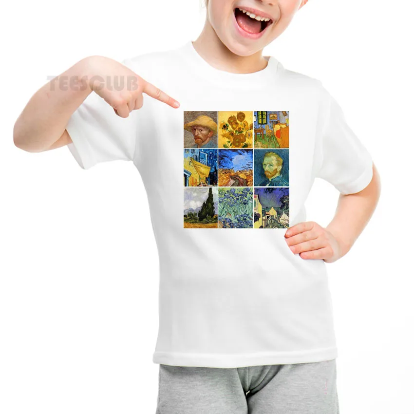 Van Gogh/рубашка для детей г., модная футболка с принтом в виде масляной живописи и решетки детские летние топы, футболки, повседневная футболка для мальчиков и девочек