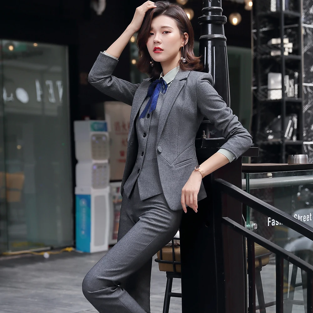 Office Lady 3 Piece Set Women Formal Work Wear Pant Suit Uniform Designs Single Button Black Gray Blazer Jacket Vest and Pant
