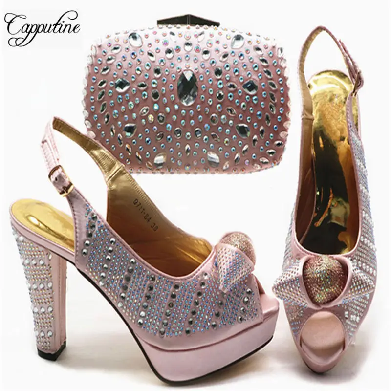 

2019 Summer New Arrival Sandals Shoes And Bag Set African Style Pink Rhinestone High Heels Shoes And Purse Set For Party G84