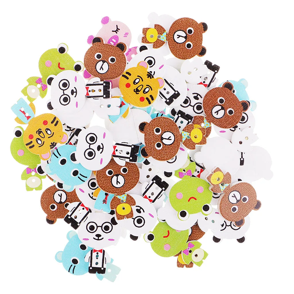 50 Pieces Lovely Cartoon Animal Wood Sewing Buttons 2 Holes For Scrapbook Crafts