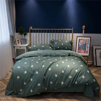 

4pcs green duvet cover set with daisy print bedding sheets full/queen size linens 100% cotton ropa de cama king parure de lit