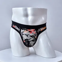 Printed Floral Thong Man Transparent Underpants Men Underwear Sexy See Through Lace Brief Mini Bikini Homme Men Erotic Sex Pant